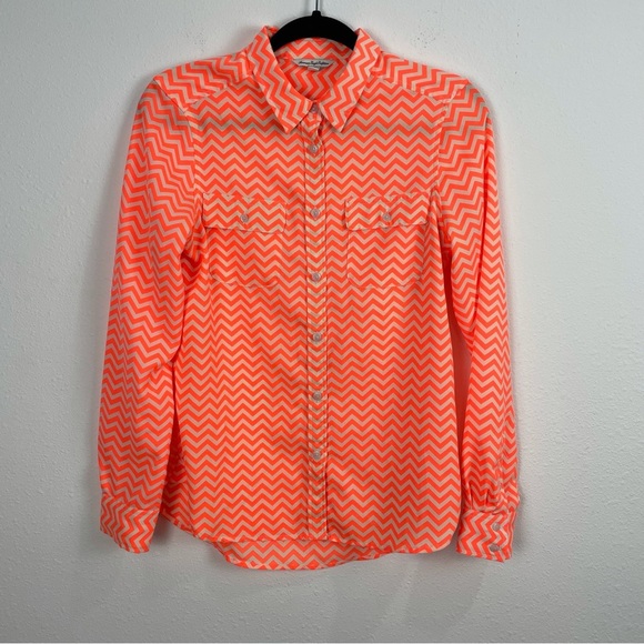 American Eagle Outfitters Tops - American Eagle Outfitters S Chevron Neon Orange Button Down Casual Shirt